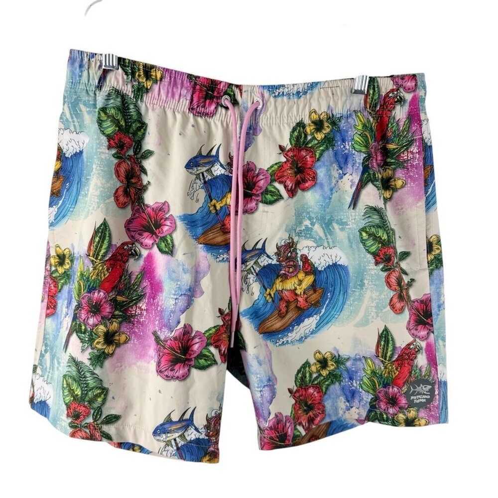 Psycho Tuna Men's L Board Shorts Creme Multi Surfer Tropical EUC Inseam‎ 6.5"